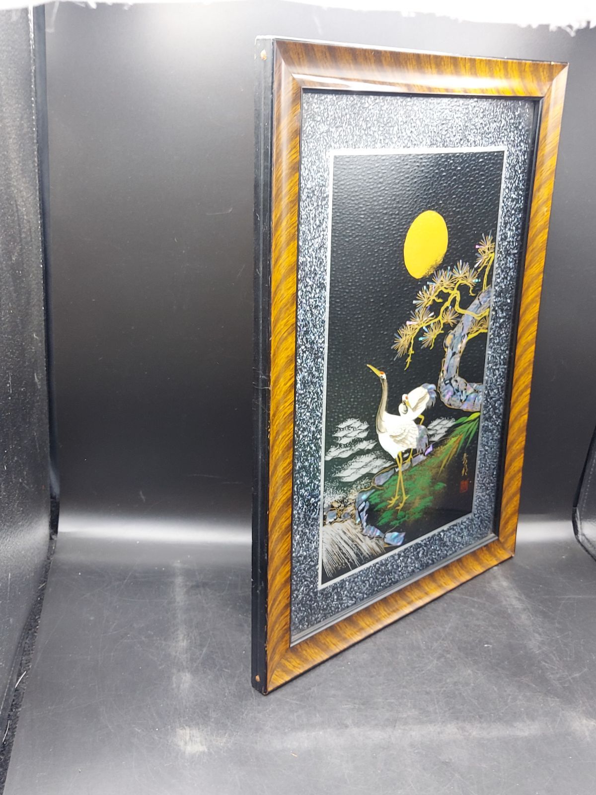 螺鈿細工 漆絵額 美術漆器 松 鶴 月 夜 秀邦銘 □《M》 - メルカリ