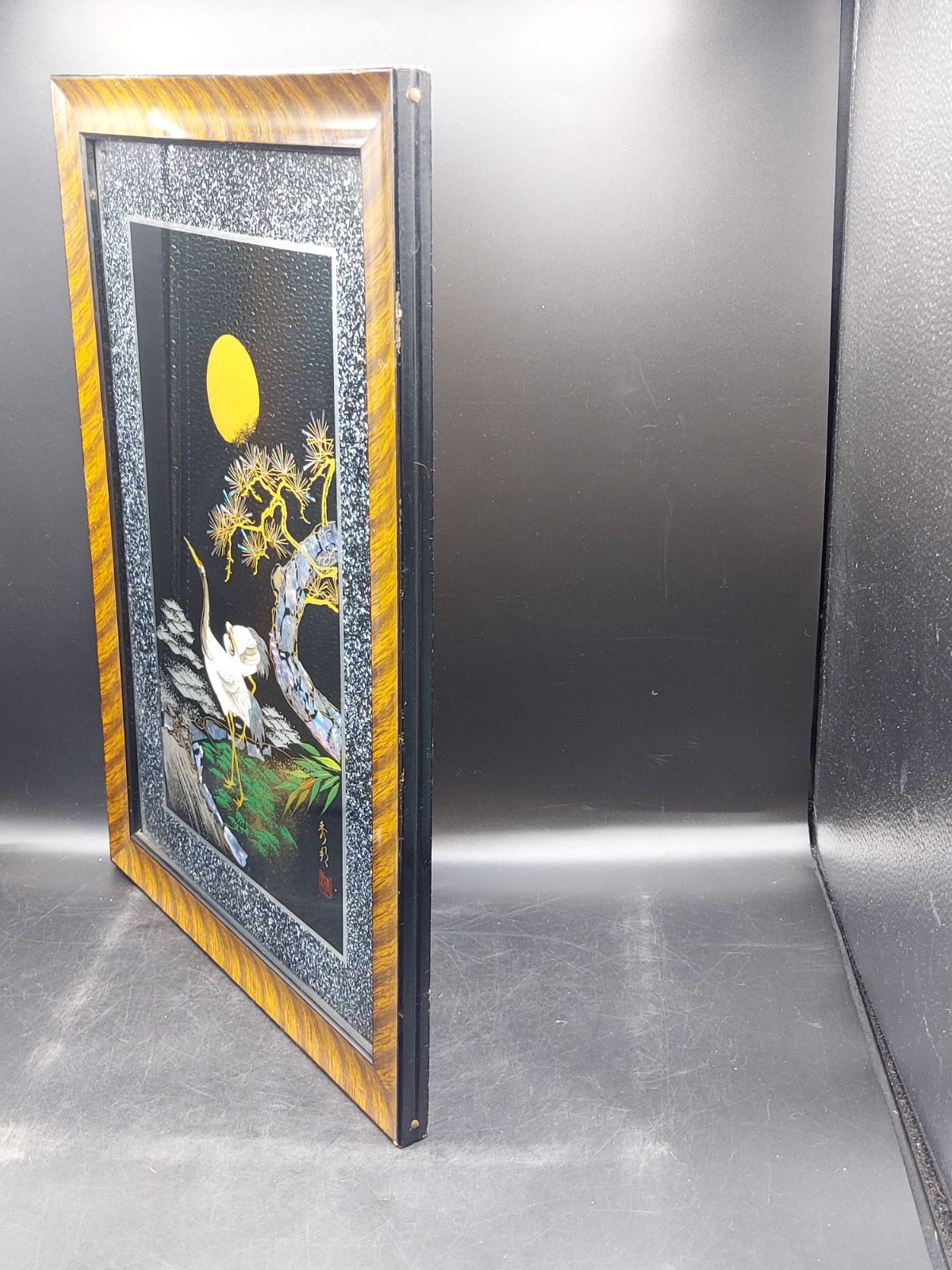 螺鈿細工 漆絵額 美術漆器 松 鶴 月 夜 秀邦銘 伝統工芸 額 アート