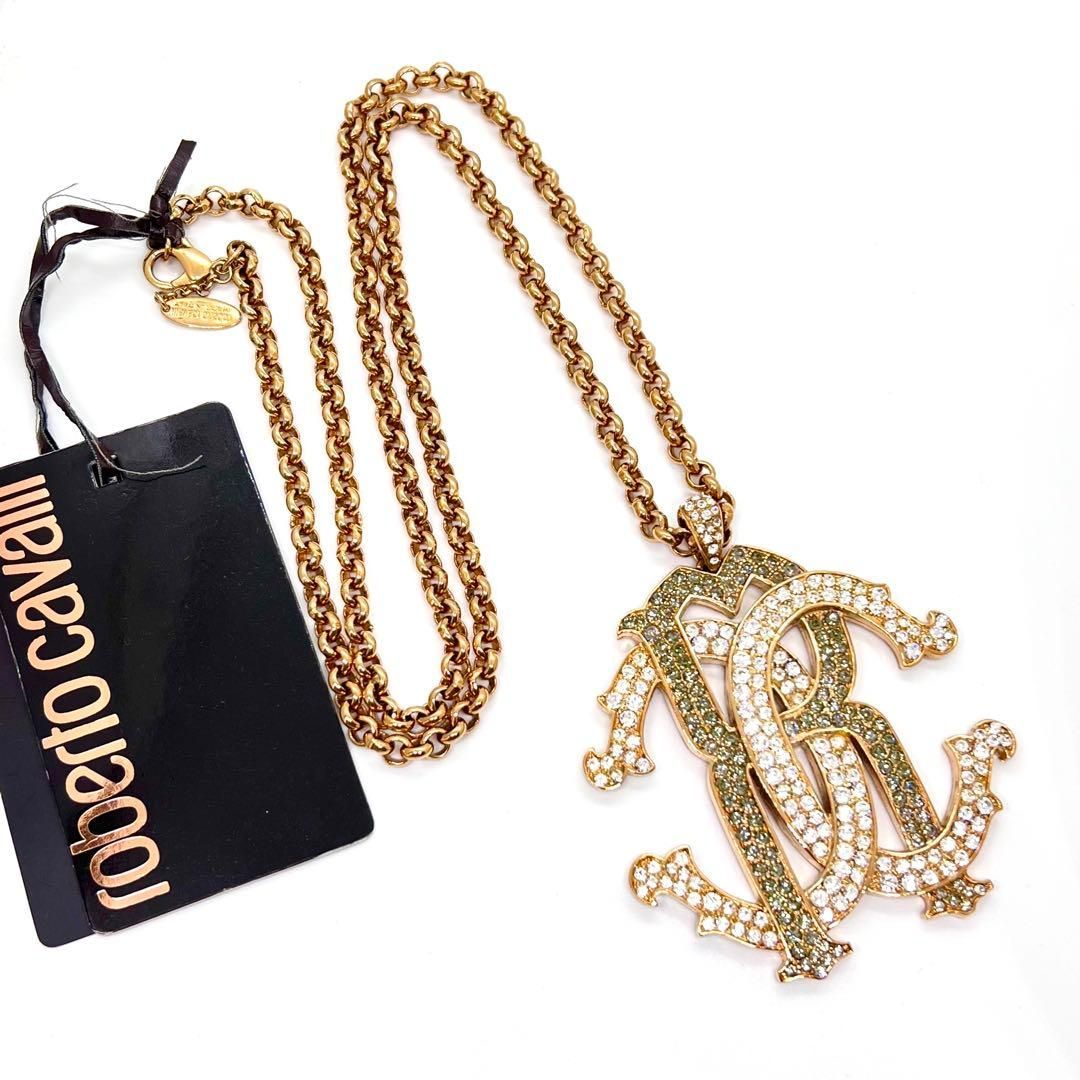 美品★ Roberto Cavalli ロベルト・カヴァリ ペンダントネックレス ロゴ クリスタル ゴールド