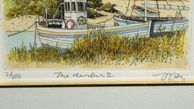 蔵A6122c】エッチング 彩色 織田義郎 「The Harbor」港風景 2/200