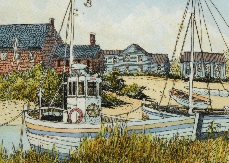 蔵A6122c】エッチング 彩色 織田義郎 「The Harbor」港風景 2/200