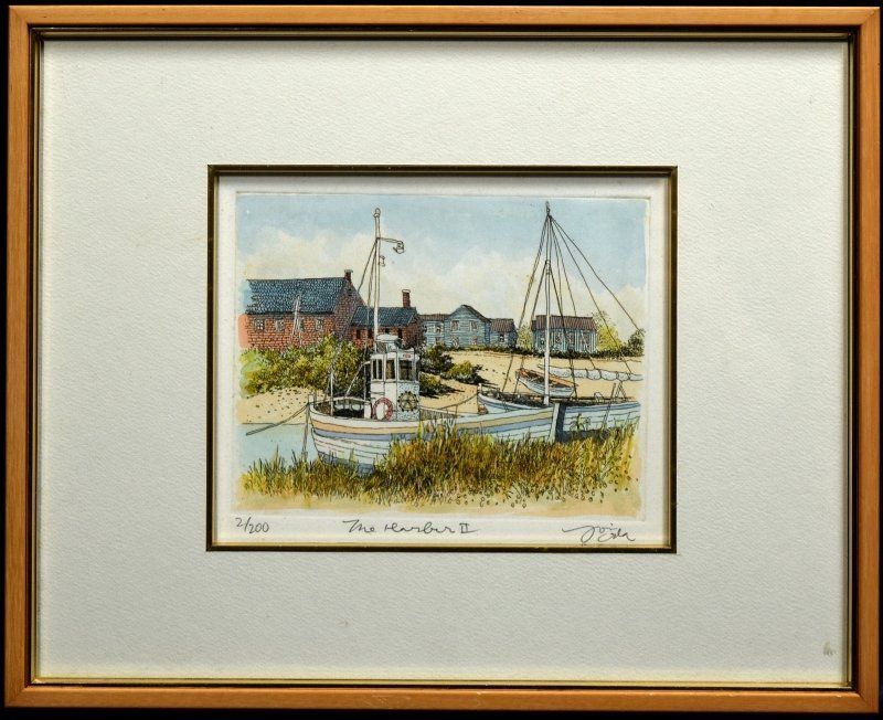 蔵A6122c】エッチング 彩色 織田義郎 「The Harbor」港風景 2/200