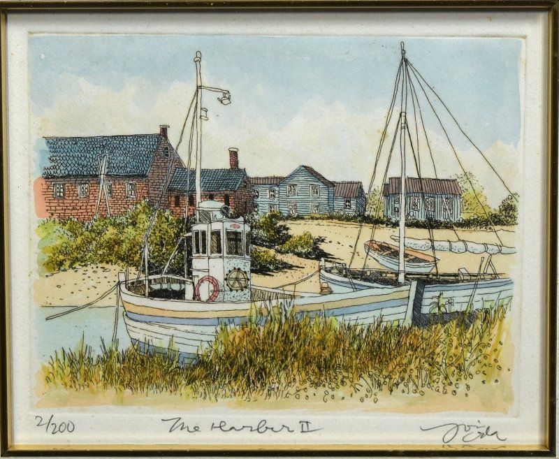 蔵A6122c】エッチング 彩色 織田義郎 「The Harbor」港風景 2/200