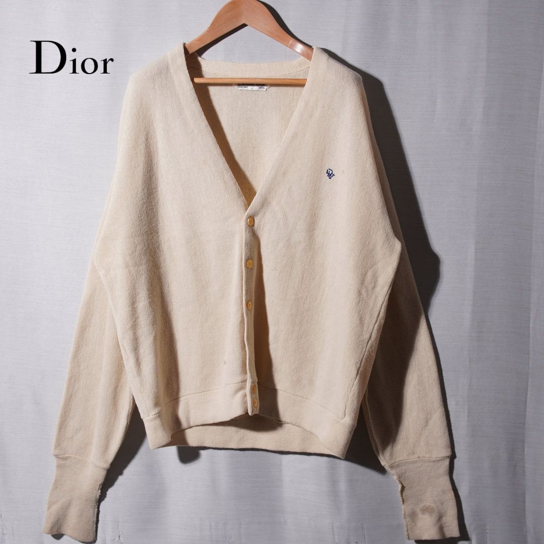 80s USA製 ディオール Dior カーディガン L クリーム ロゴ刺繍