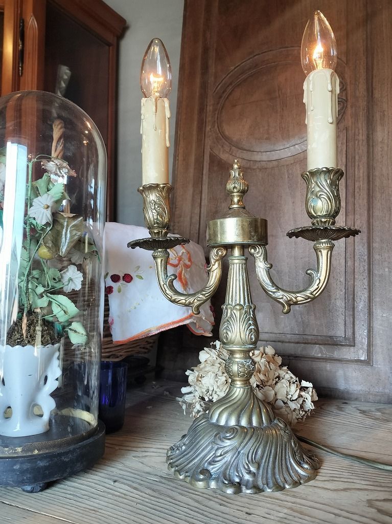 フランス アンティーク 卓上ランプ ブロンズ 2灯 キャンドル 照明