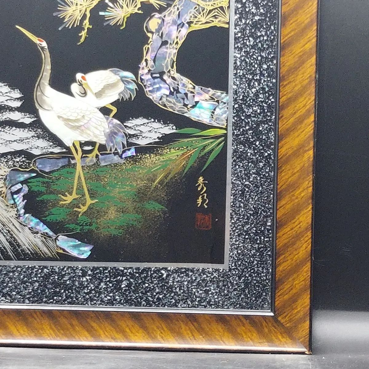 螺鈿細工 漆絵額 美術漆器 松 鶴 月 夜 秀邦銘 □《M》 - メルカリ