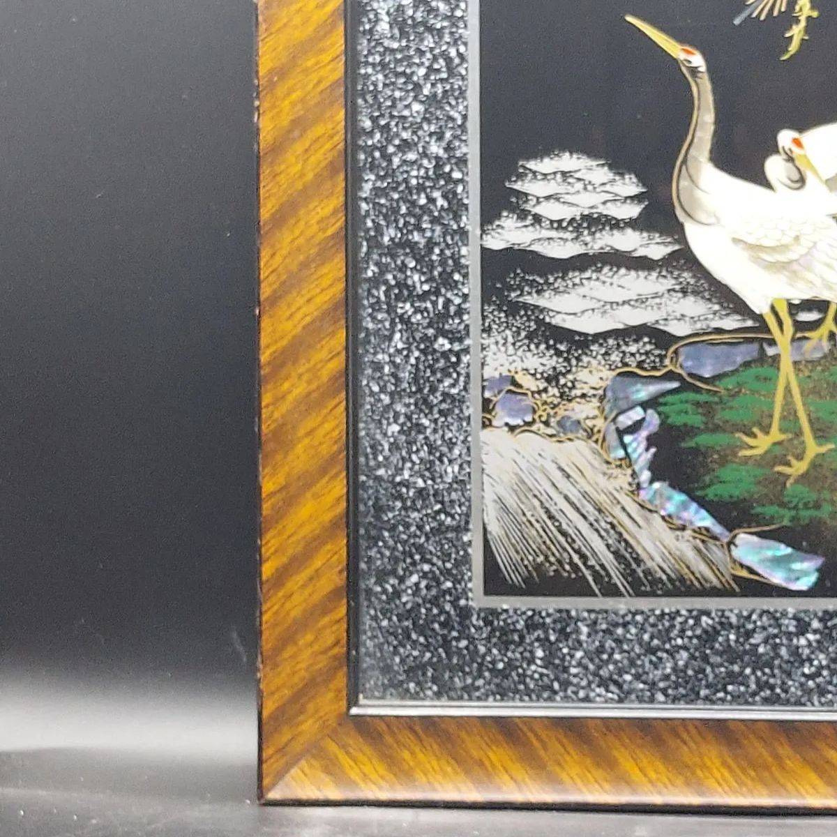 螺鈿細工 漆絵額 美術漆器 松 鶴 月 夜 秀邦銘 伝統工芸 額 アート