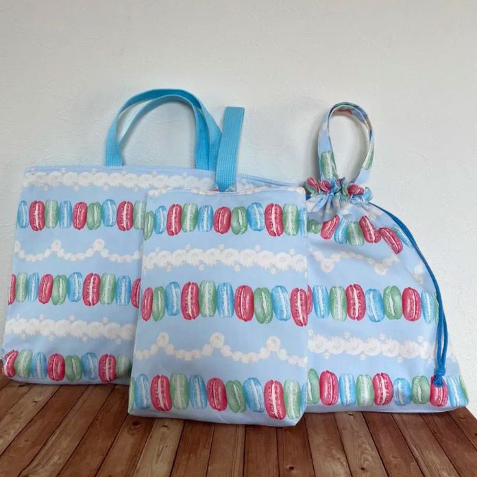 ハンドメイド マカロン柄レッスンバッグ、お着替え袋 、シューズ袋3