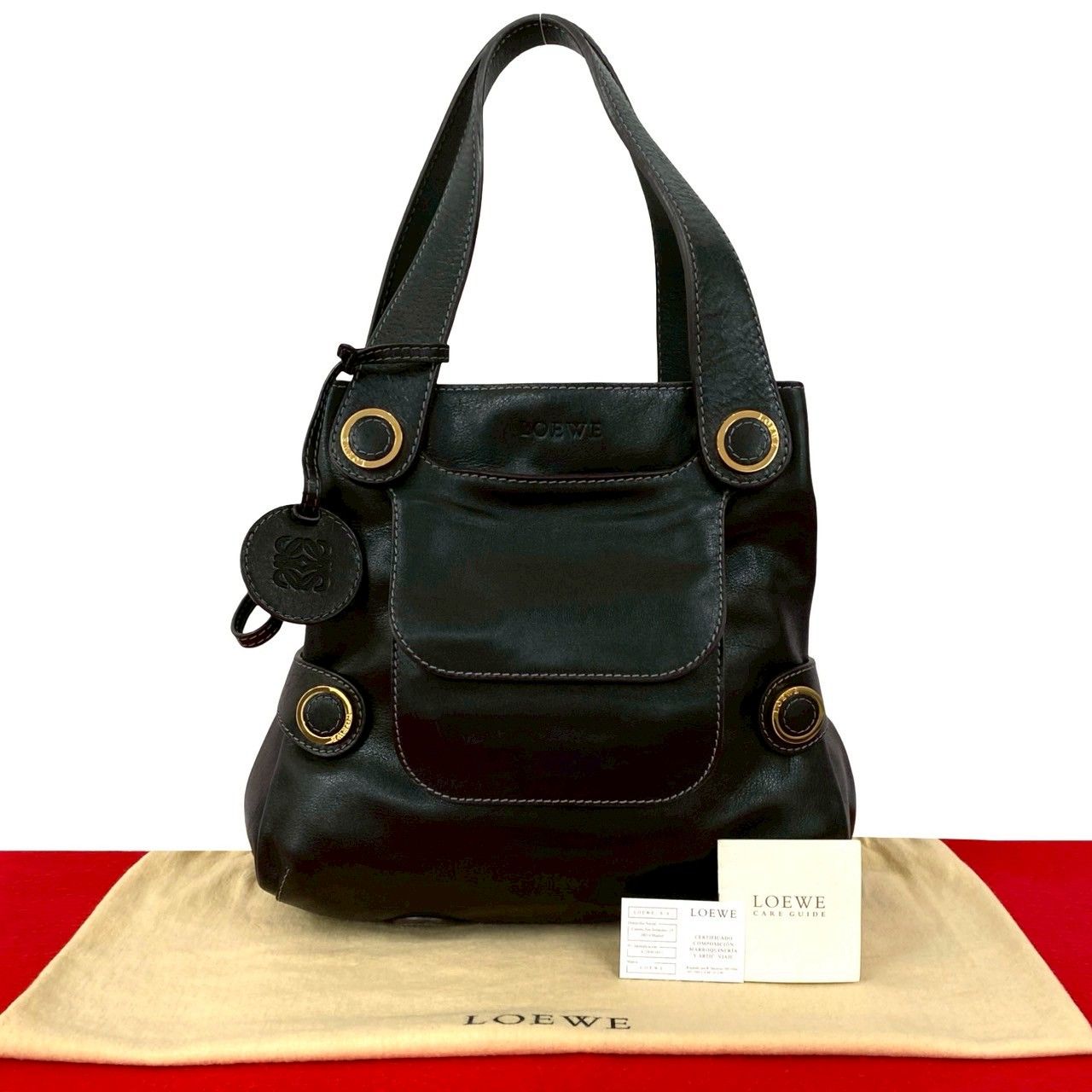 LOEWE LOEWE ブラック レザー ボストンバッグ ビックロゴ アナグラム型