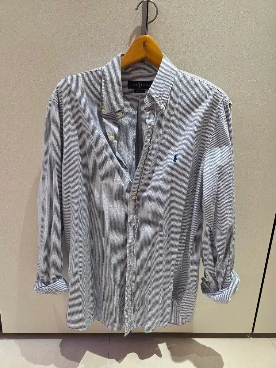 ポロラルフローレン クラシックフィット シアサッカー ブルー ストライプ シャツ L