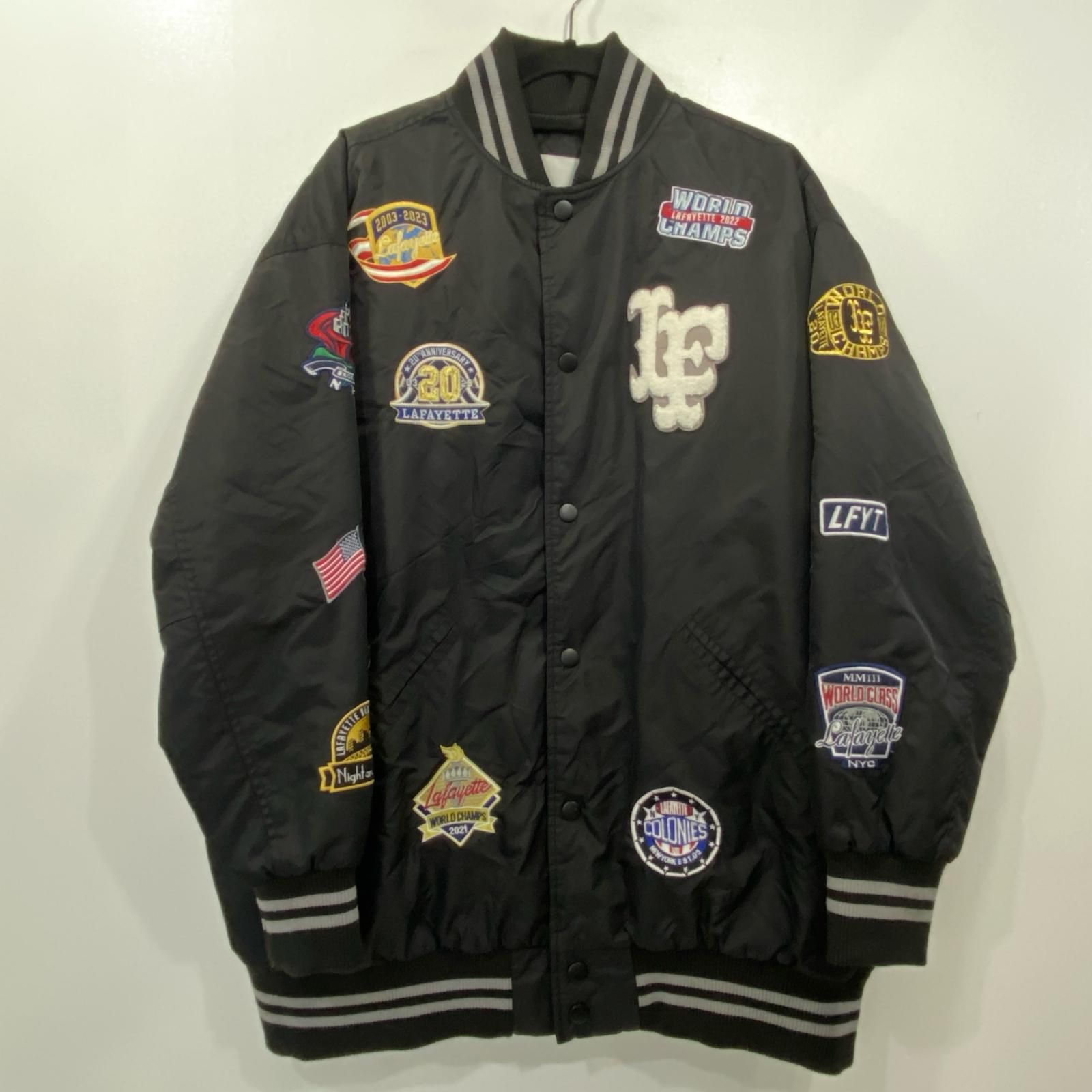 【姫路東店】 中古 Lafayette | ラファイエット ミリタリージャケット LFYT ALL OVER EMBLEM SATIN VARSITY JACKET LS231001 MA-1 ブラック サイズ：XXL 【095】 姫路東店】 中古 Lafayette | ラファイエット ミリタリージャケット