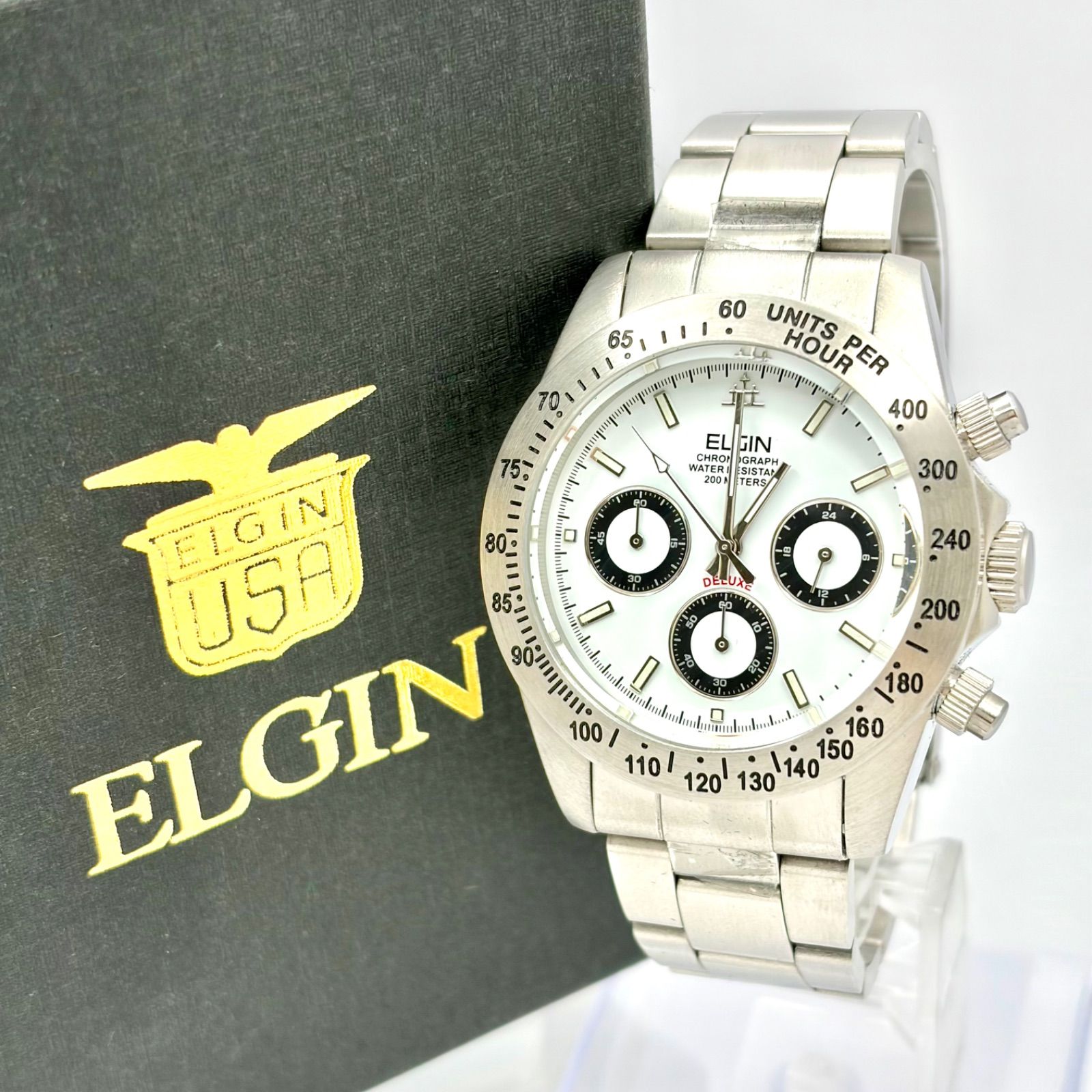 稼働品.ELGINクロノグラフ 腕時計 シルバー/ホワイト クロノグラフ 