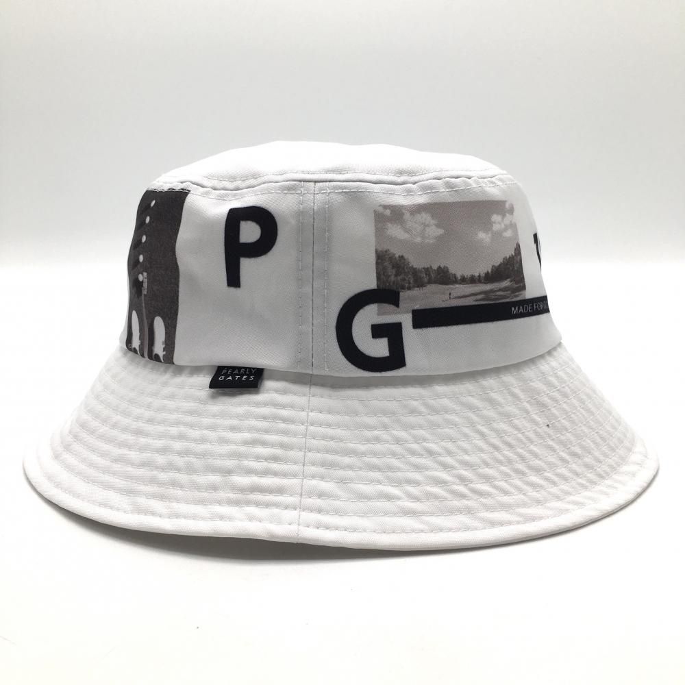 PEARLY GATES - パーリーゲイツ　フォトプリントバケットハット 美品】パーリーゲイツ バケットハット 白×グレー ロゴ フォトプリント