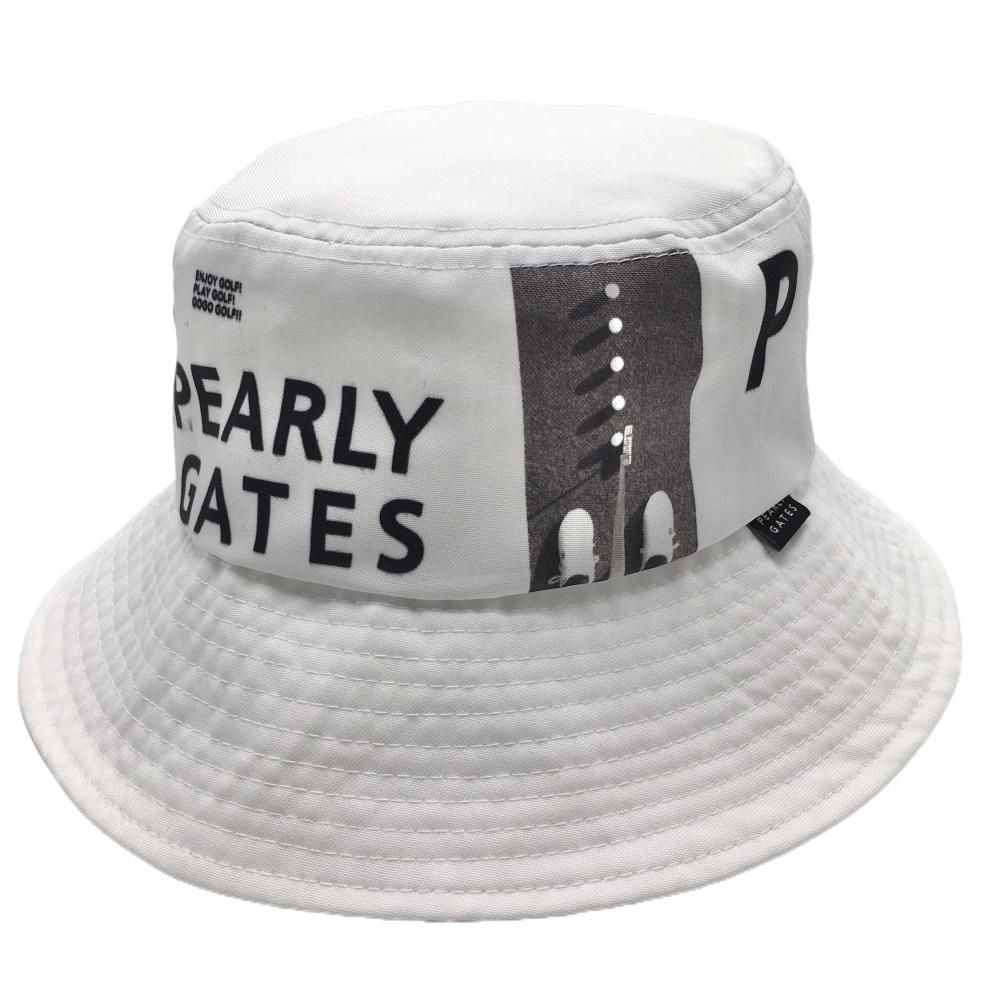 PEARLY GATES - パーリーゲイツ　フォトプリントバケットハット 美品】パーリーゲイツ バケットハット 白×グレー ロゴ フォトプリント