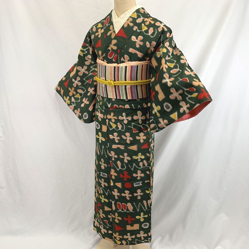 603aa6◇アンティーク着物 銘仙 花柄 抽象柄 緑系 レトロモダン 大正