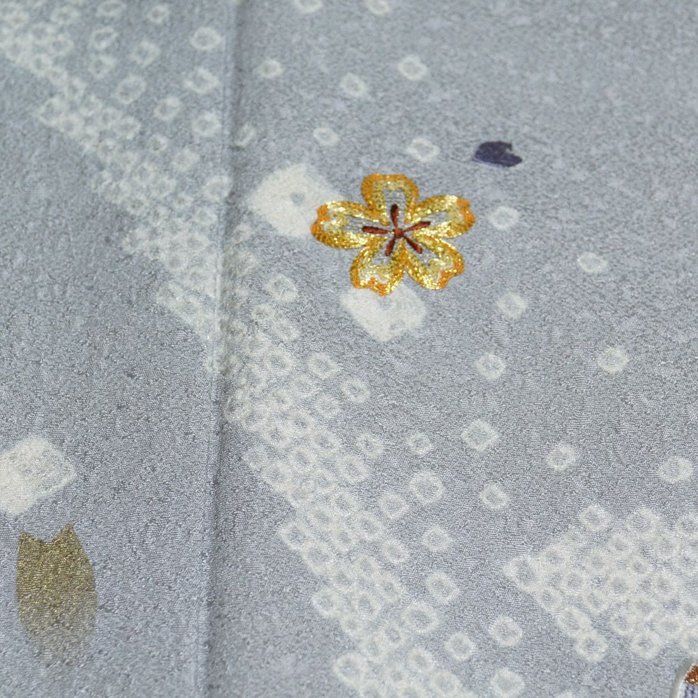 訪問着 着物セット 刺繍 銀通し 袋帯 絞り 白 灰色 グレー 着物セット 付下げ訪問着・袋帯 2点 セット 流水に桜模様 絞り 刺繍 M
