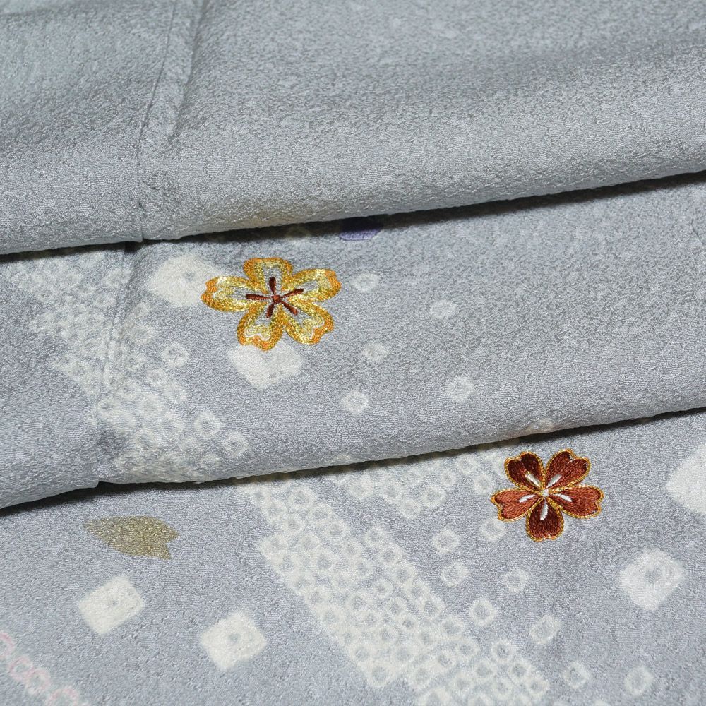着物セット 付下げ訪問着・袋帯 2点 セット 流水に桜模様 絞り 刺繍 M