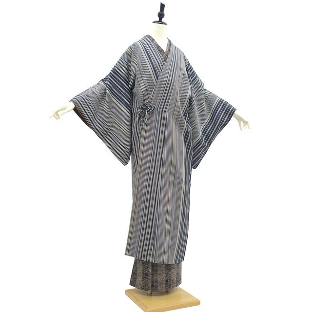 新古品】 道中着 コート 未使用 正絹 袷 黒紺 白 黄茶色 グレー 縞