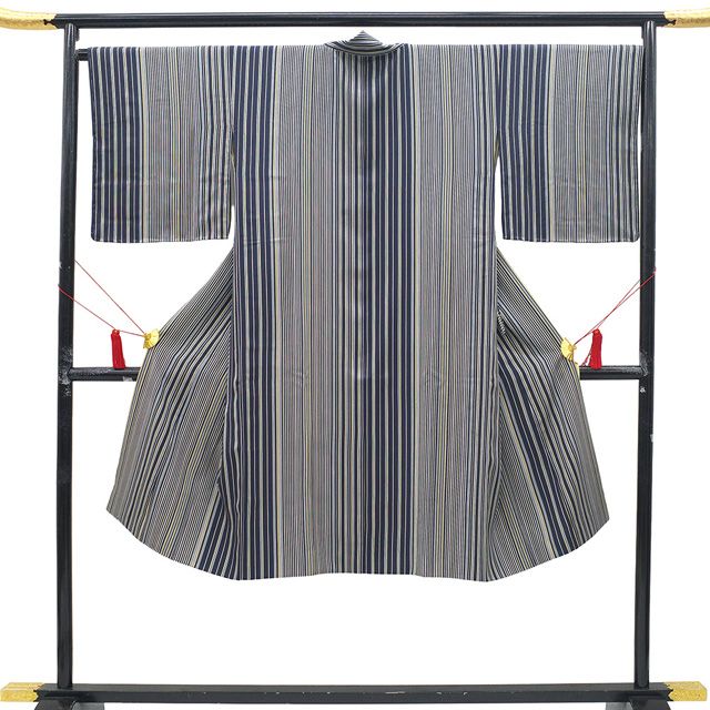 新古品】 道中着 コート 未使用 正絹 袷 黒紺 白 黄茶色 グレー 縞