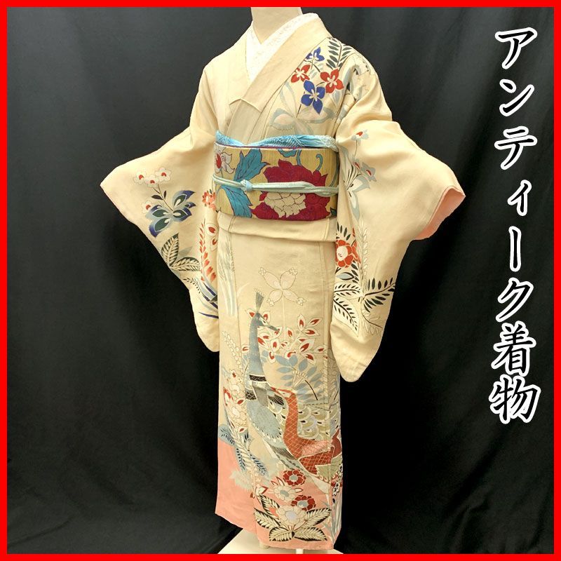603aa13◇アンティーク着物 孔雀 花 レトロモダン 大正ロマン 昭和