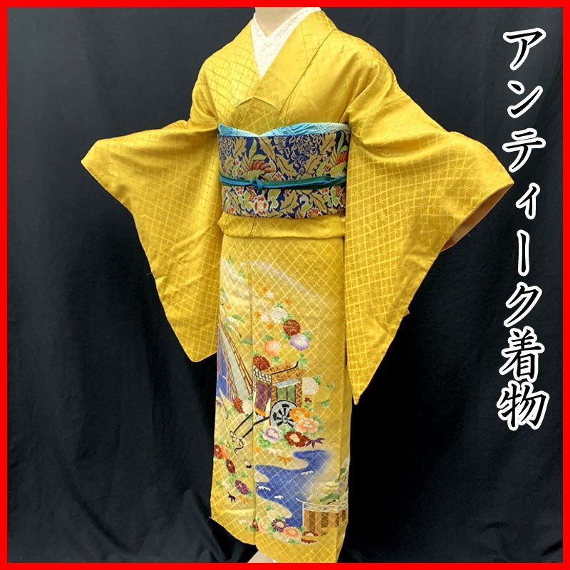 603aa17◇アンティーク着物 風景に御所車 レトロモダン 大正ロマン