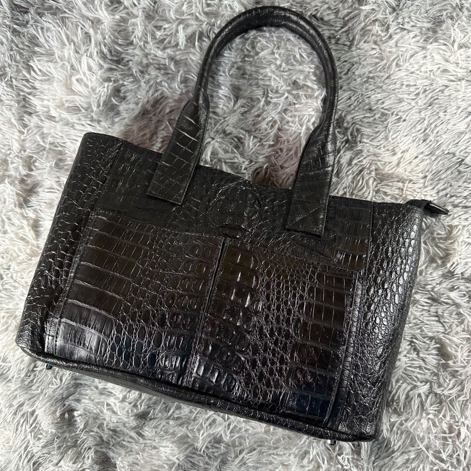 ロダニア フロントカイマン×牛革コンビ Wポケット トートバッグ ワニ革