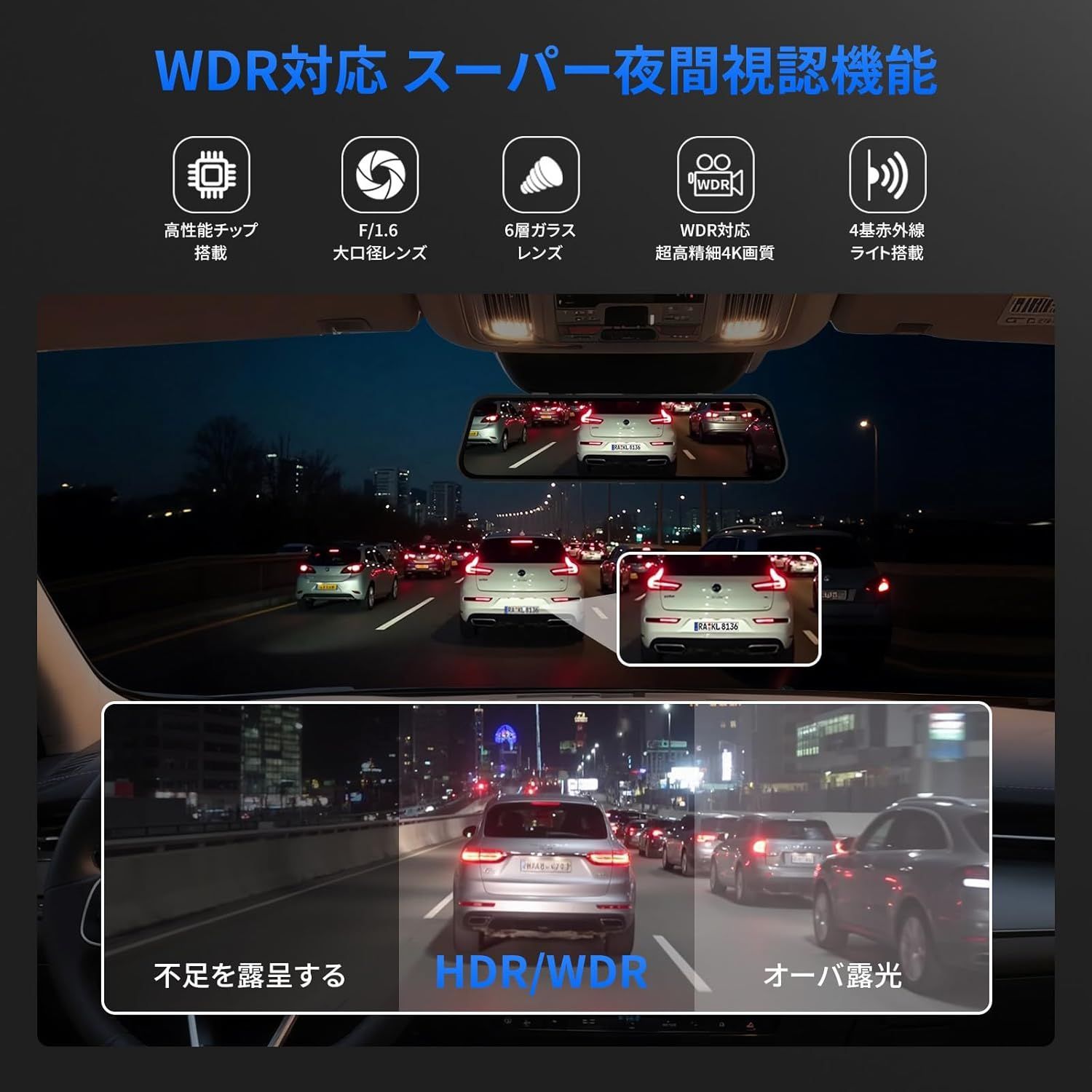 AORTD ドライブレコーダー ミラー型【64GBカード付属】10インチ4k 伸縮 