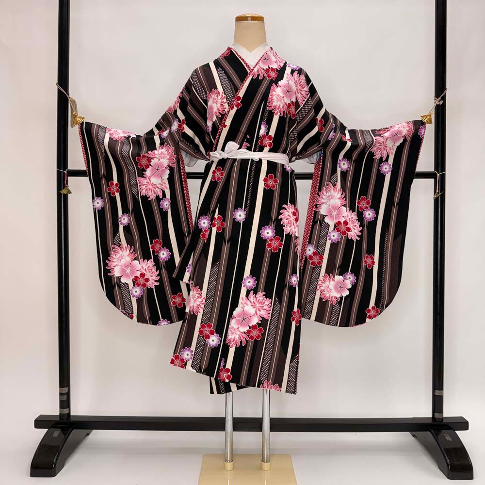 二尺袖 単品 卒業式着物 kansai 黒 ブラウン 裄68cm Lサイズ  袴用着物 化繊 中古 5295 二尺袖 単品 卒業式着物 kansai 黒 ブラウン 裄68cm Lサイズ 袴用着物