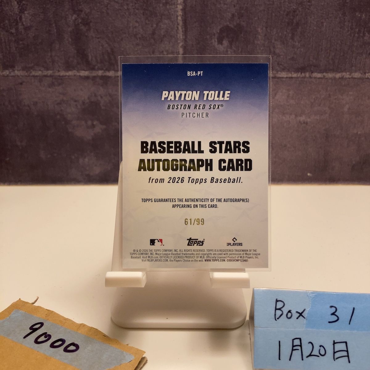 2026 Topps Payton Tolle 61/99 直筆サインカード Boston Red Sox 