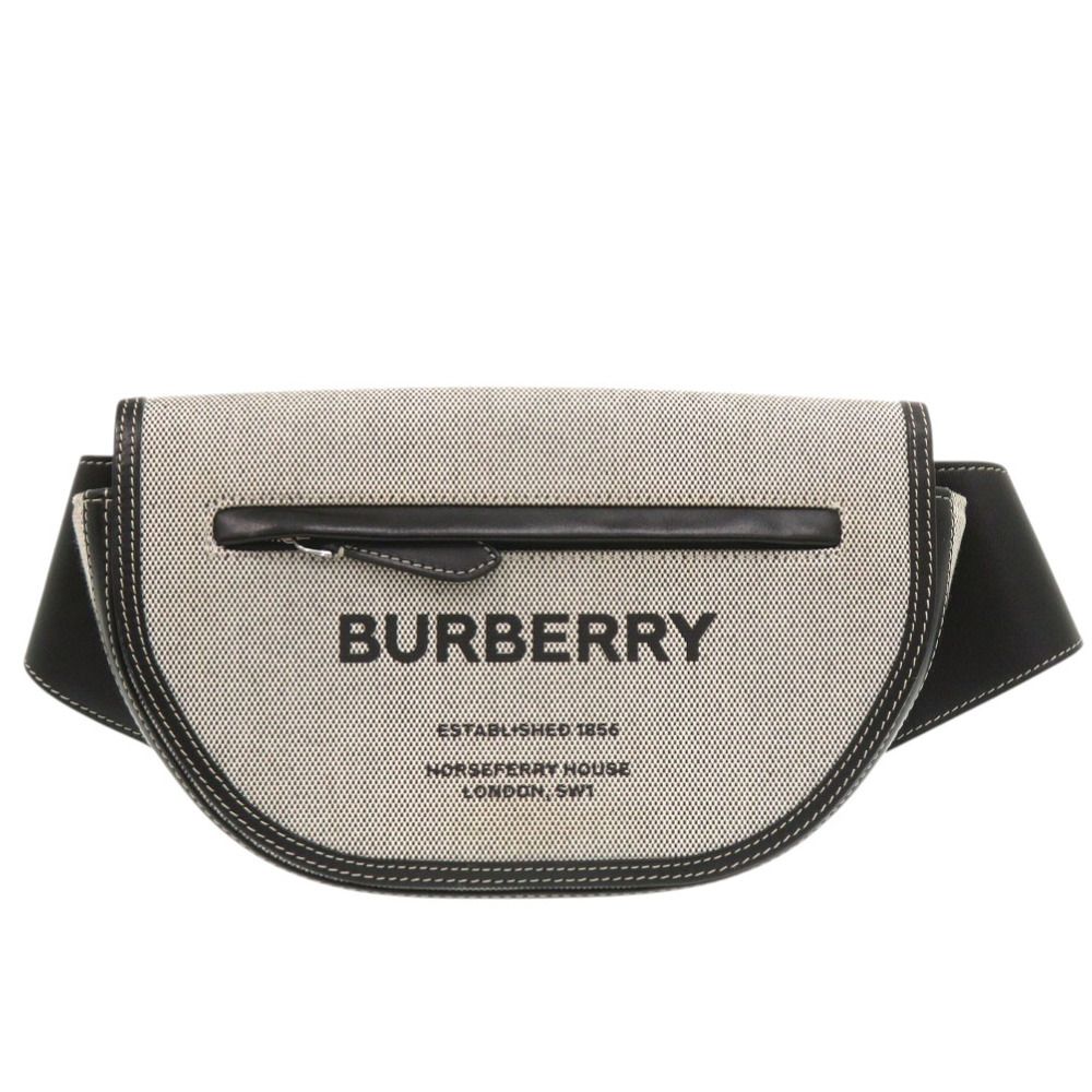 美品 バーバリー ホースフェリープリント キャンバス レザー ブラック ウエストバッグ ボディバッグ 黒 0753 BURBERRY