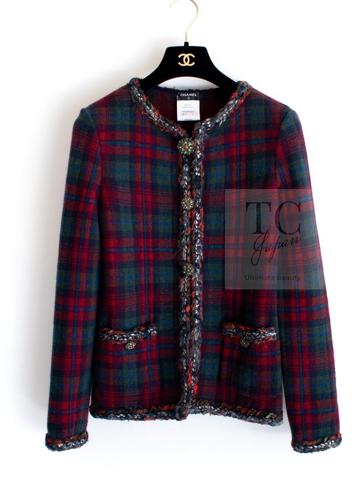 シャネル カーディガン CHANEL レッド グリーン タータンチェック