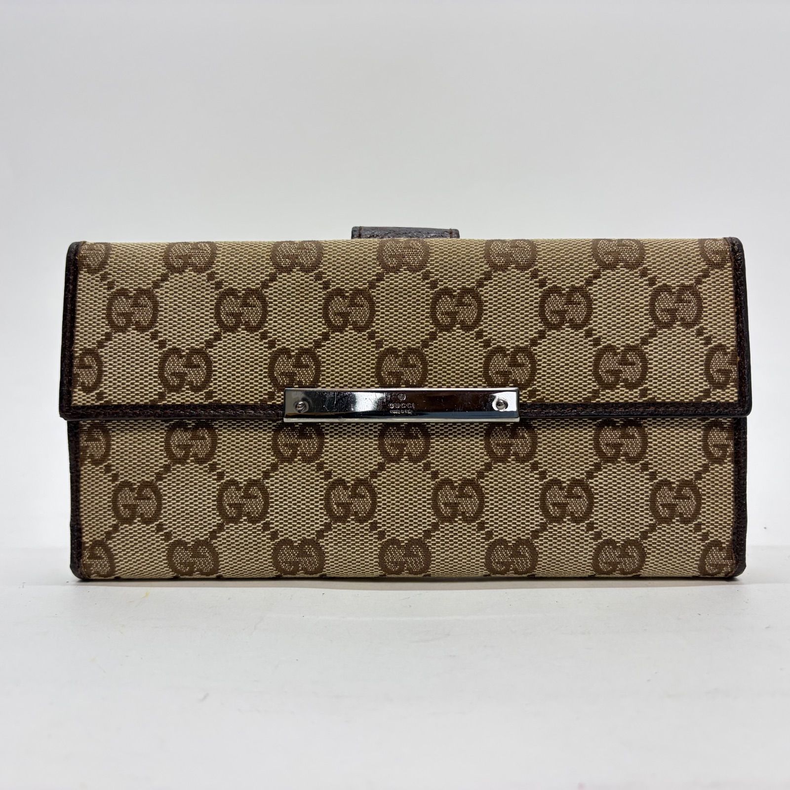 3588 美品 GUCCI グッチ 長財布 キャンバス GG Wホック レザー ダーク 