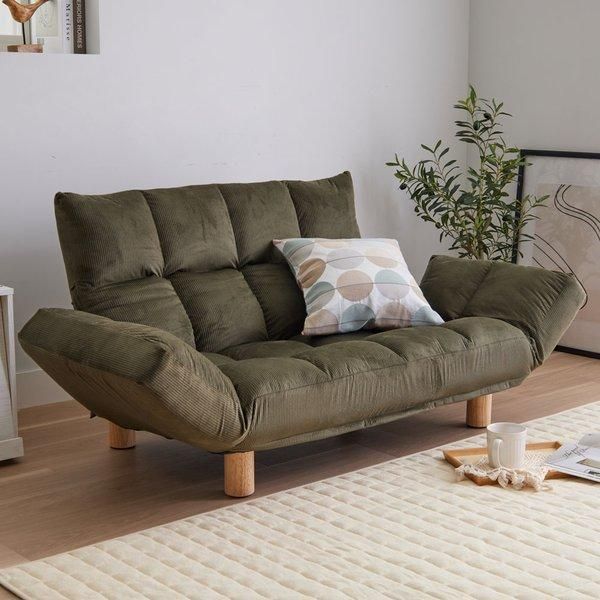  ふかふか カウチソファ コーデュロイカーキ 肘付 コンパクト 脚付 リクライニング フロアソファ ローソファ LIRAKU コンパクトリビングソファ 2人掛け 3人掛けソファ ソファ ソファベッド