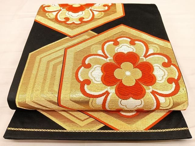 平和屋着物◎六通柄袋帯 唐織 亀甲花文 黒地 金糸 正絹 逸品