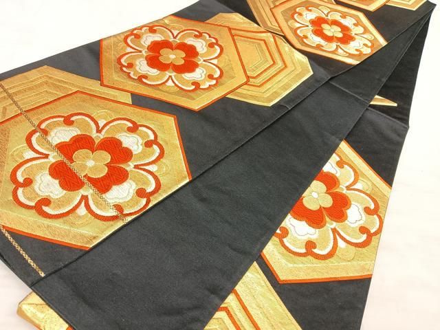 平和屋着物◎六通柄袋帯 唐織 亀甲花文 黒地 金糸 正絹 逸品