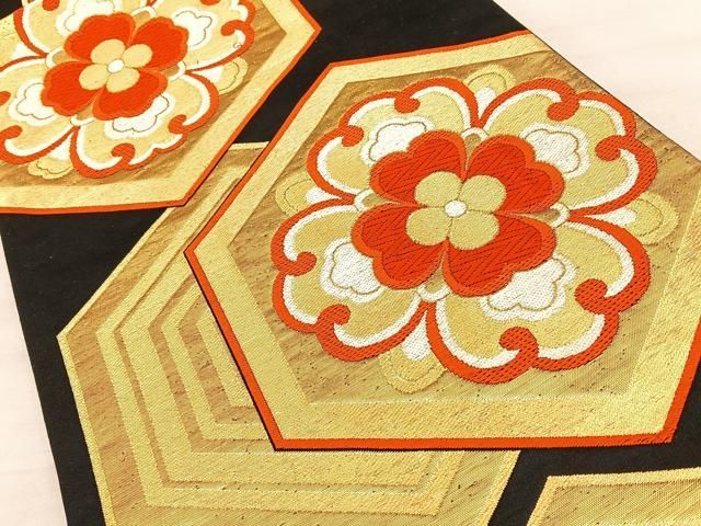 平和屋着物◎六通柄袋帯 唐織 亀甲花文 黒地 金糸 正絹 逸品