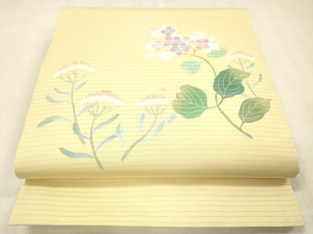 平和屋着物＊夏物　絽塩瀬　九寸開き名古屋帯　友禅　作家物　草花文　正絹　逸品　DABC8120cm 平和屋着物＊夏物 絽塩瀬 九寸開き名古屋帯 友禅 作家物 草花文 正絹