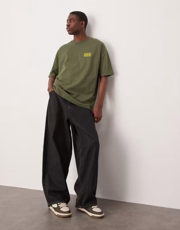 エイソス メンズ トップス Tシャツ プリント シャツ ASOS DESIGN oversized tshirt with chest print Khaki カーキ