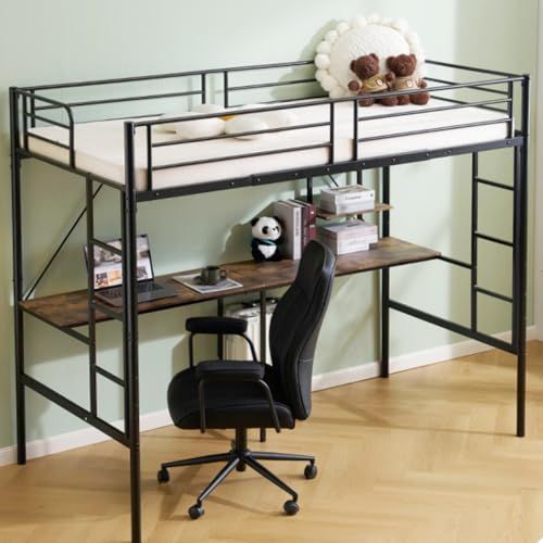 ◇ロフトベッド シングル デスク付き スチール製 耐荷重150kg 省