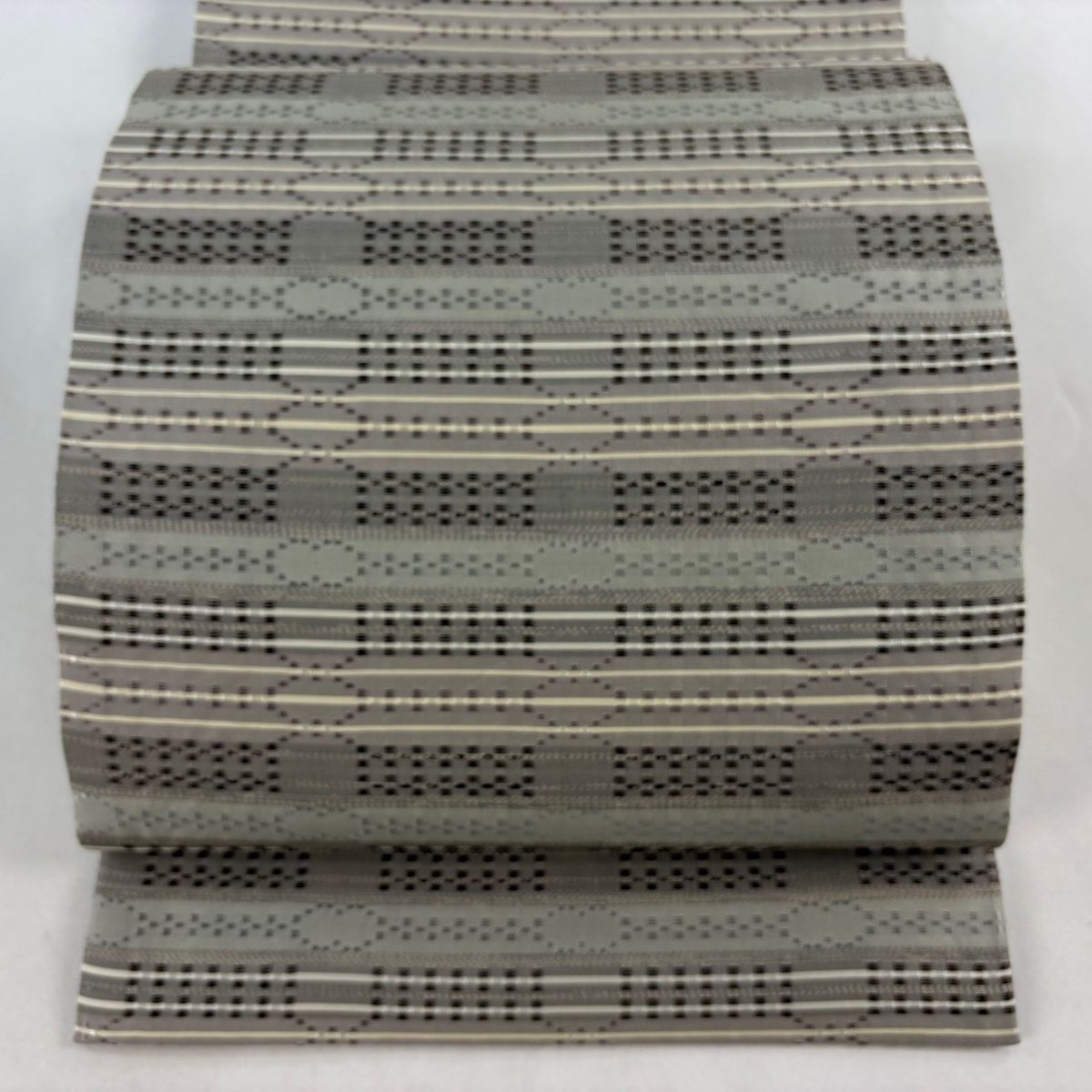 美品】 袋帯 逸品 リバーシブル 段縞 幾何学模様 花織 藍色 全通 正絹