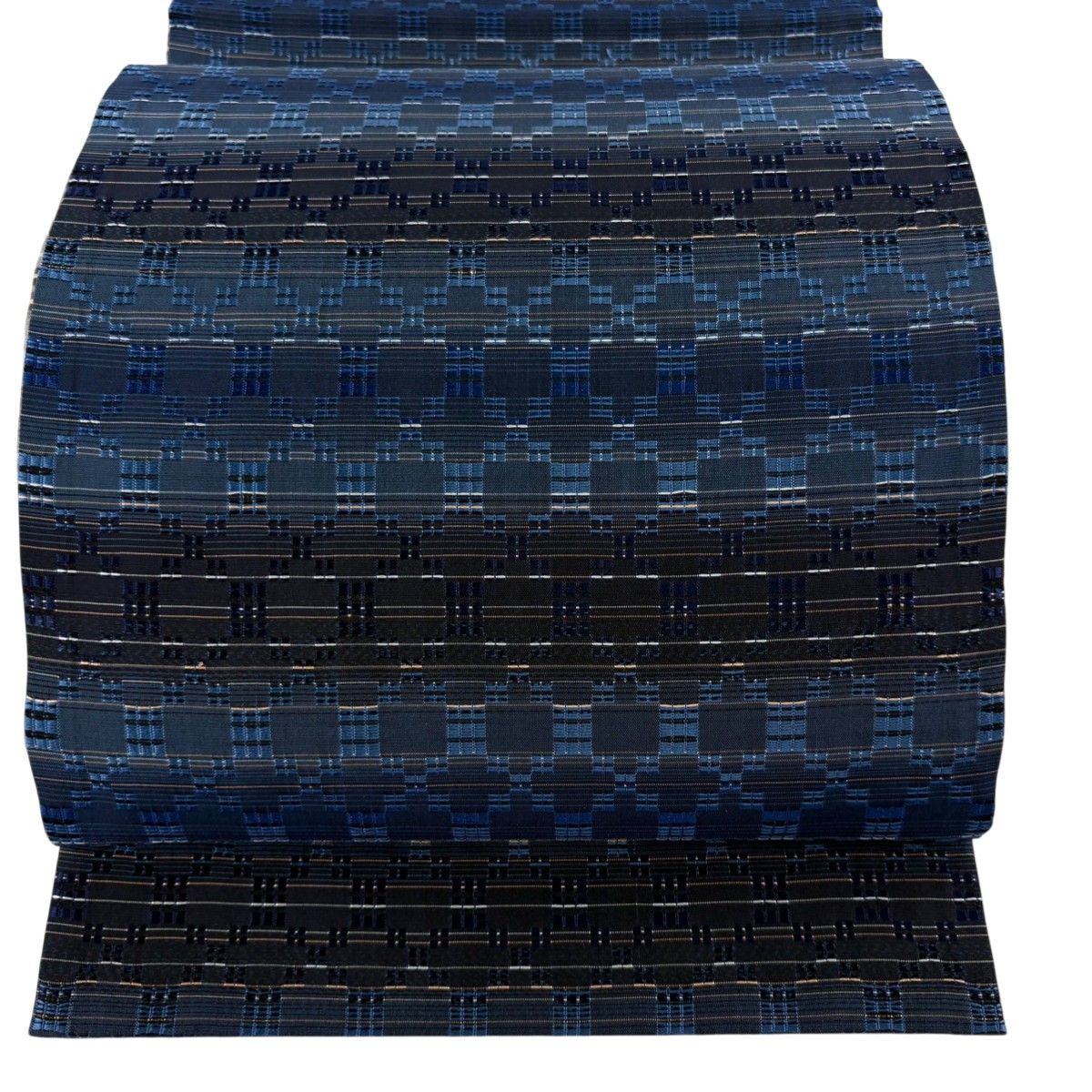 美品】 袋帯 逸品 リバーシブル 段縞 幾何学模様 花織 藍色 全通 正絹