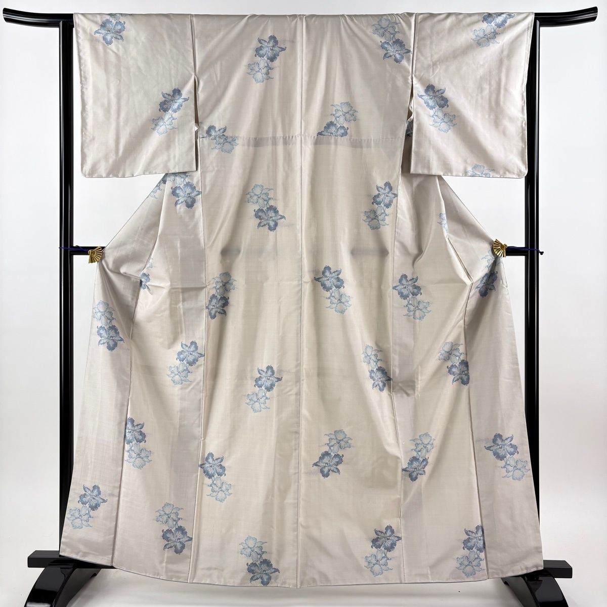 大島紬 身丈164cm 裄丈64cm M 袷 都喜ヱ門 証紙 花 灰白 正絹 逸品