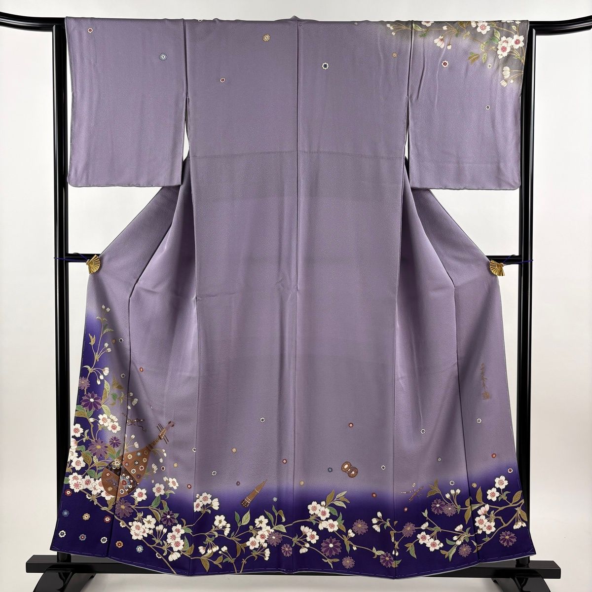 訪問着 身丈158cm 裄丈64cm M 袷 千地泰弘 落款 琵琶 桜 金彩 ぼかし