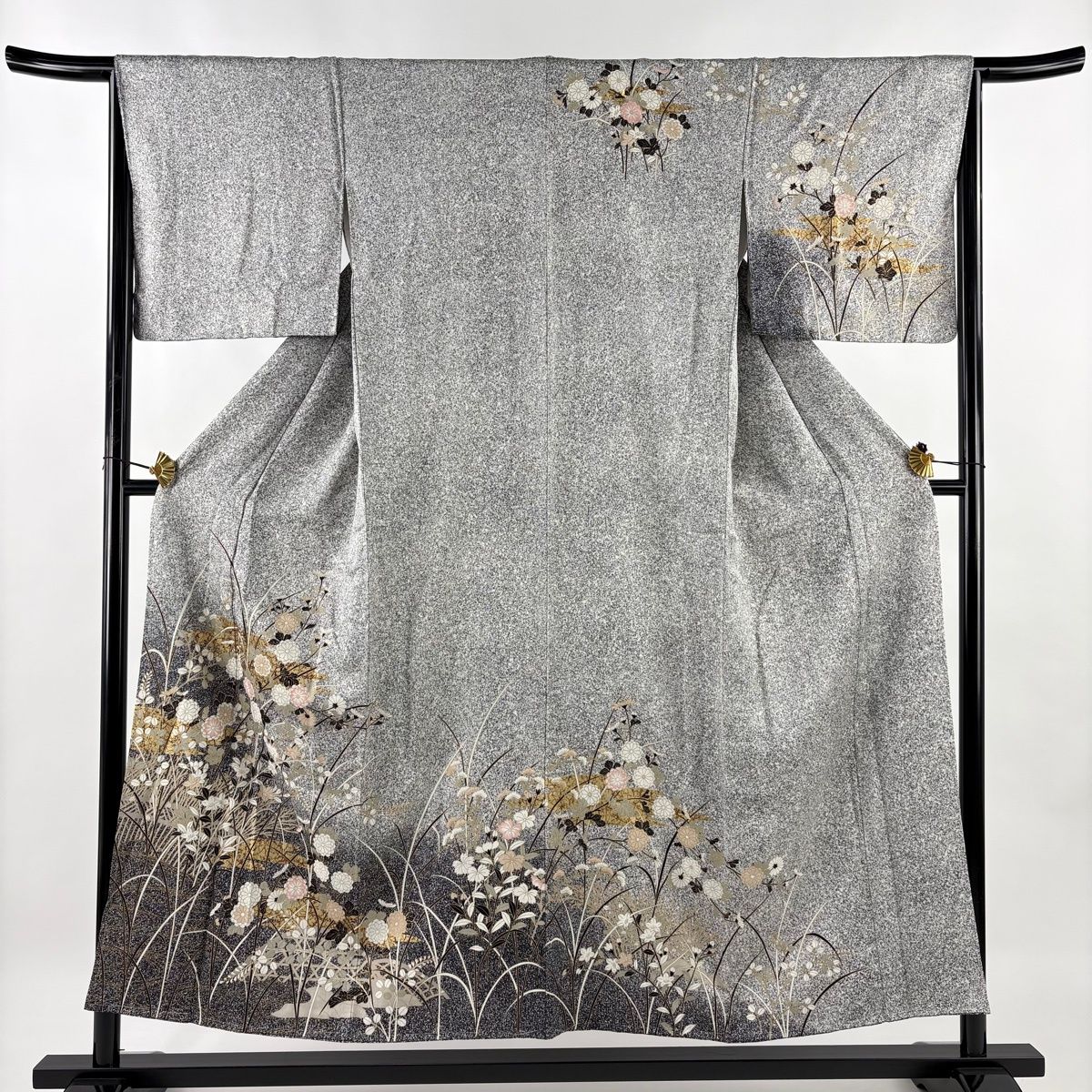 訪問着 身丈153cm 裄丈65.5cm M 袷 秋草 霞 金彩 ぼかし 黒灰 正絹 秀