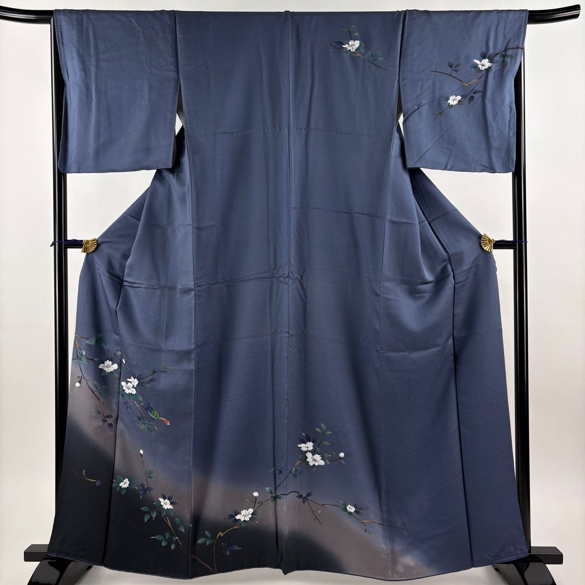訪問着 身丈163cm 裄丈68cm L 袷 枝花 鳥 金彩 ぼかし 青灰色 正絹 秀