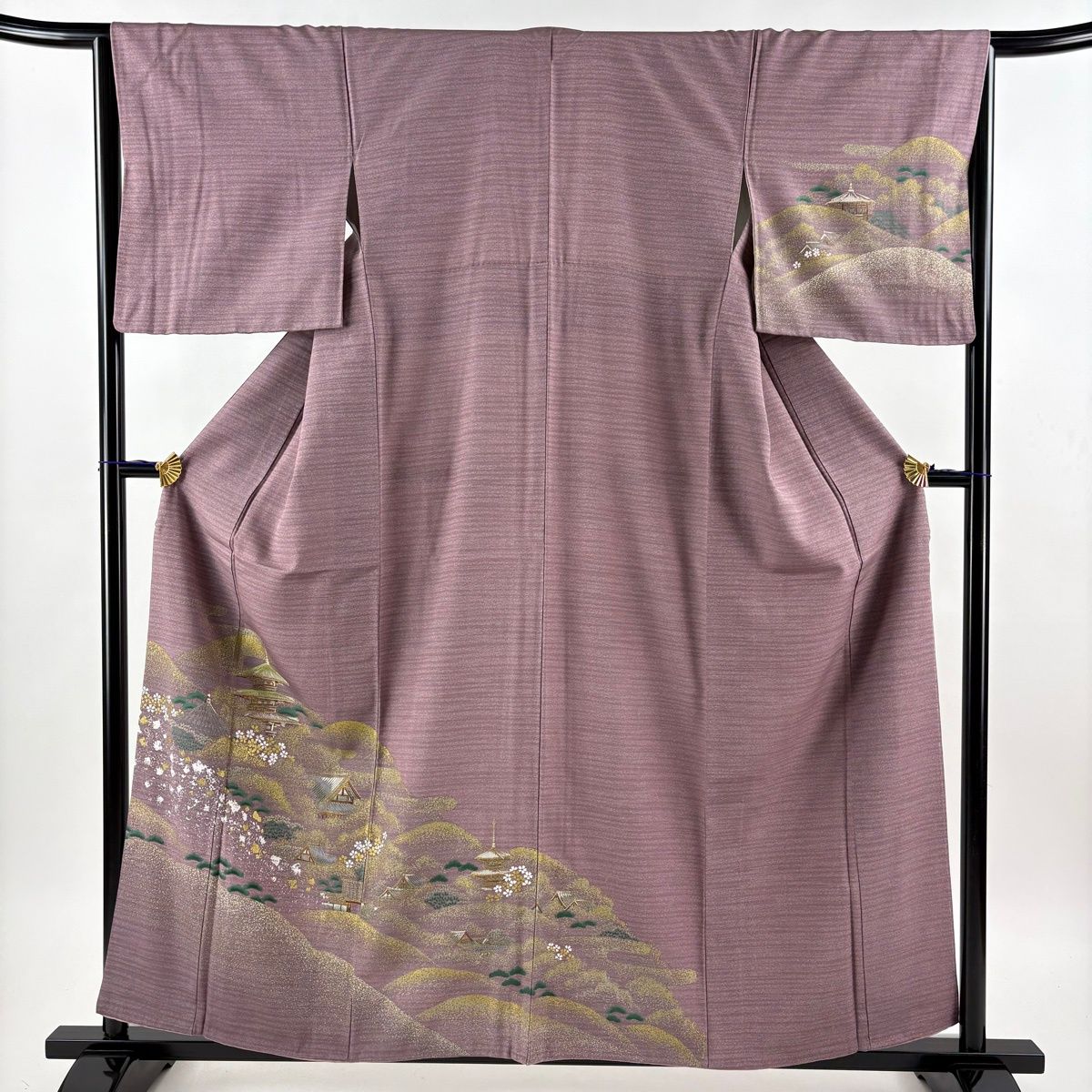 付下げ 身丈159cm 裄丈65cm M 袷 三重塔 遠山 金彩 紫 正絹 秀品