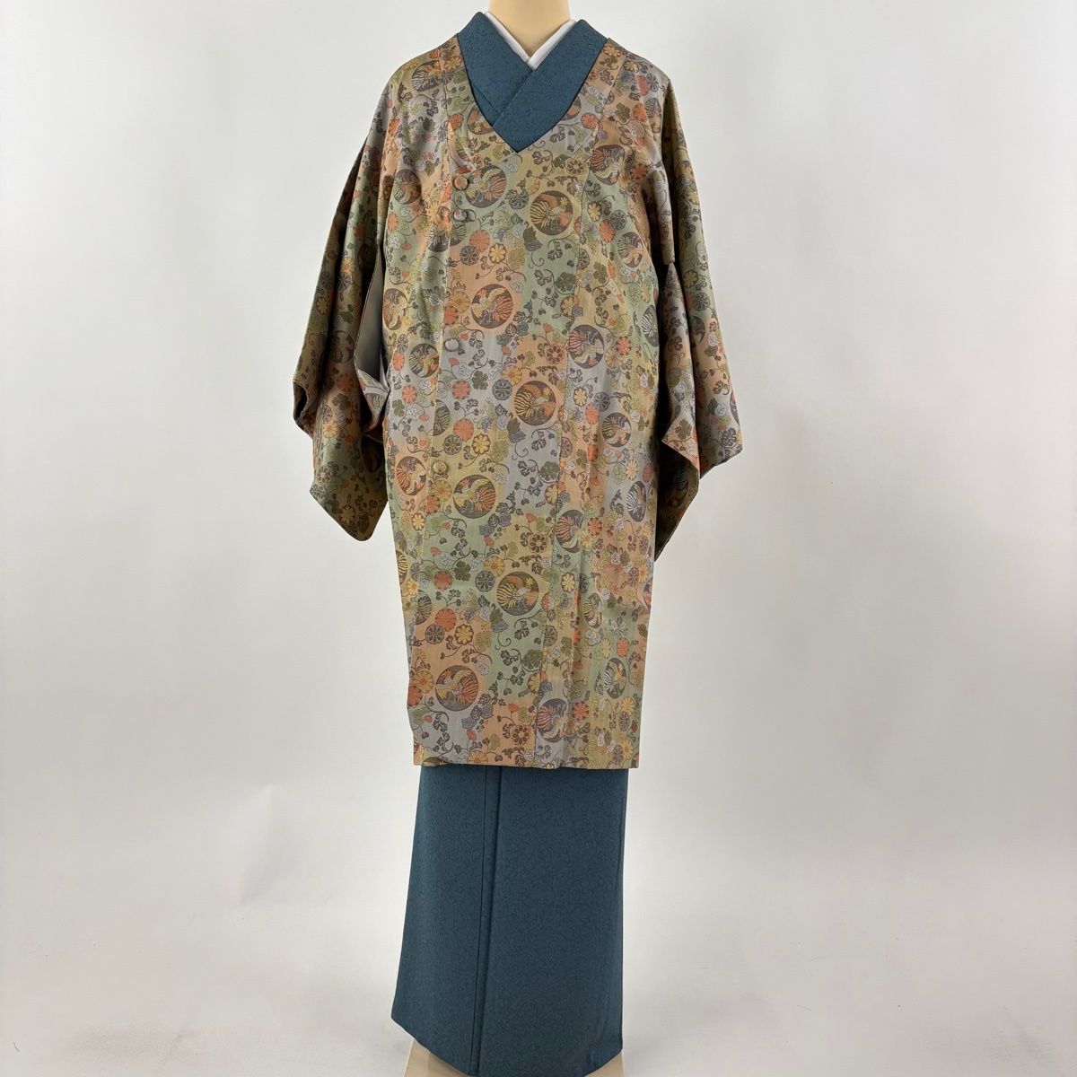 美品】 道中着 身丈104cm 裄丈64.5cm M 和装コート 千代田衿 鳥 花唐草