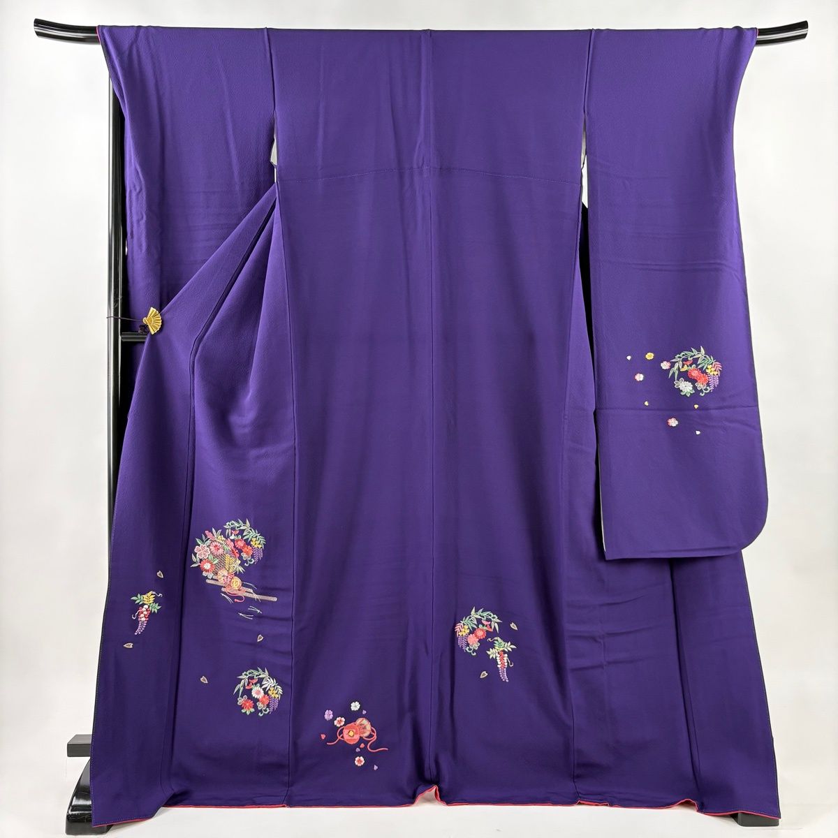 振袖 身丈173cm 裄丈70cm L 袷 花丸文 鼓 金糸 刺繍 紫 正絹 秀品