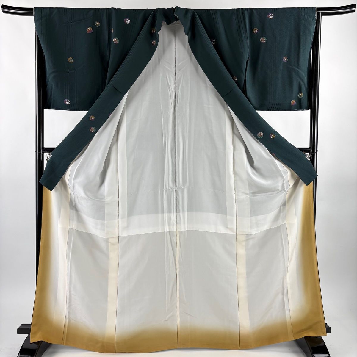 小紋 身丈167cm 裄丈65.5cm M 袷 雪輪 玩具 深緑 正絹 秀品 【中古