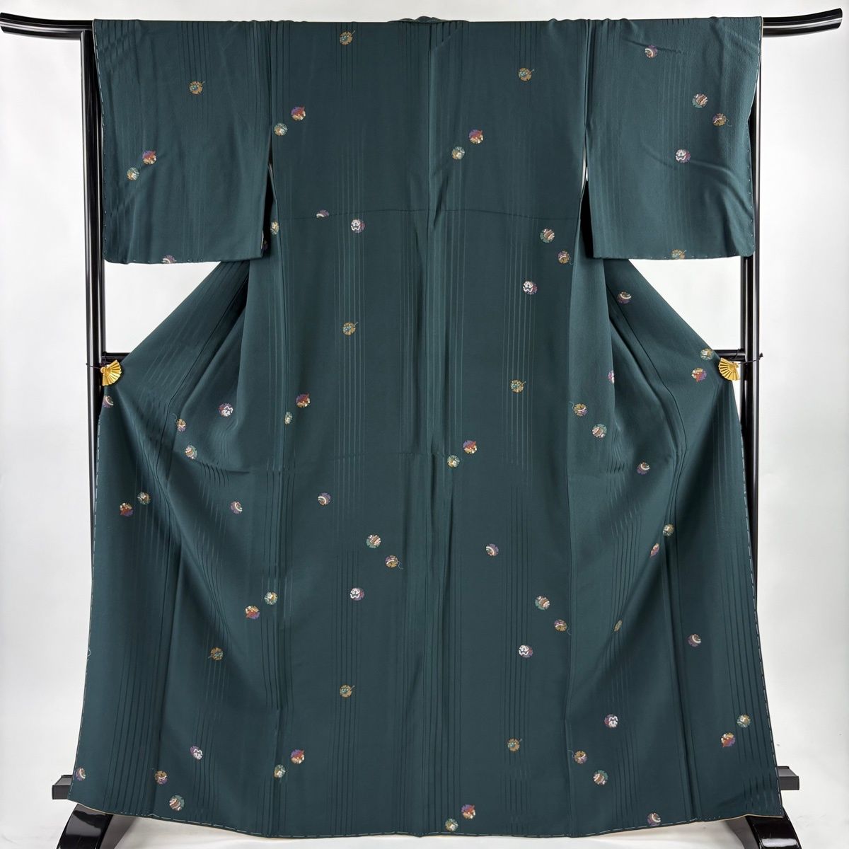 小紋 身丈167cm 裄丈65.5cm M 袷 雪輪 玩具 深緑 正絹 秀品 【中古